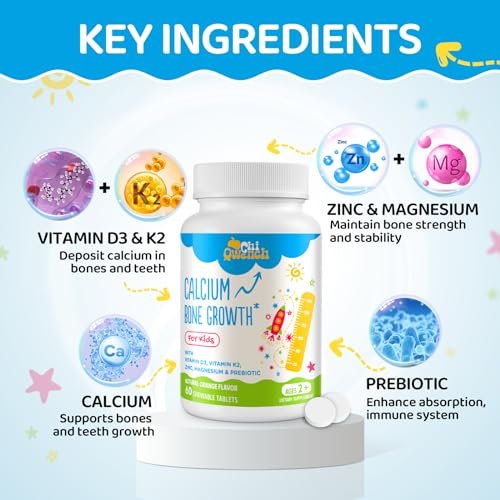 ChiQwench 500 mg Calcium Supplement mit Vitamin D3 & K2, Zink, Magnesium & Präbiotika – Orangen-Kautabletten für Kinder, Knochenstärke, hochabsorbierend, Non-GMO, glutenfrei, 60 Tabletten
