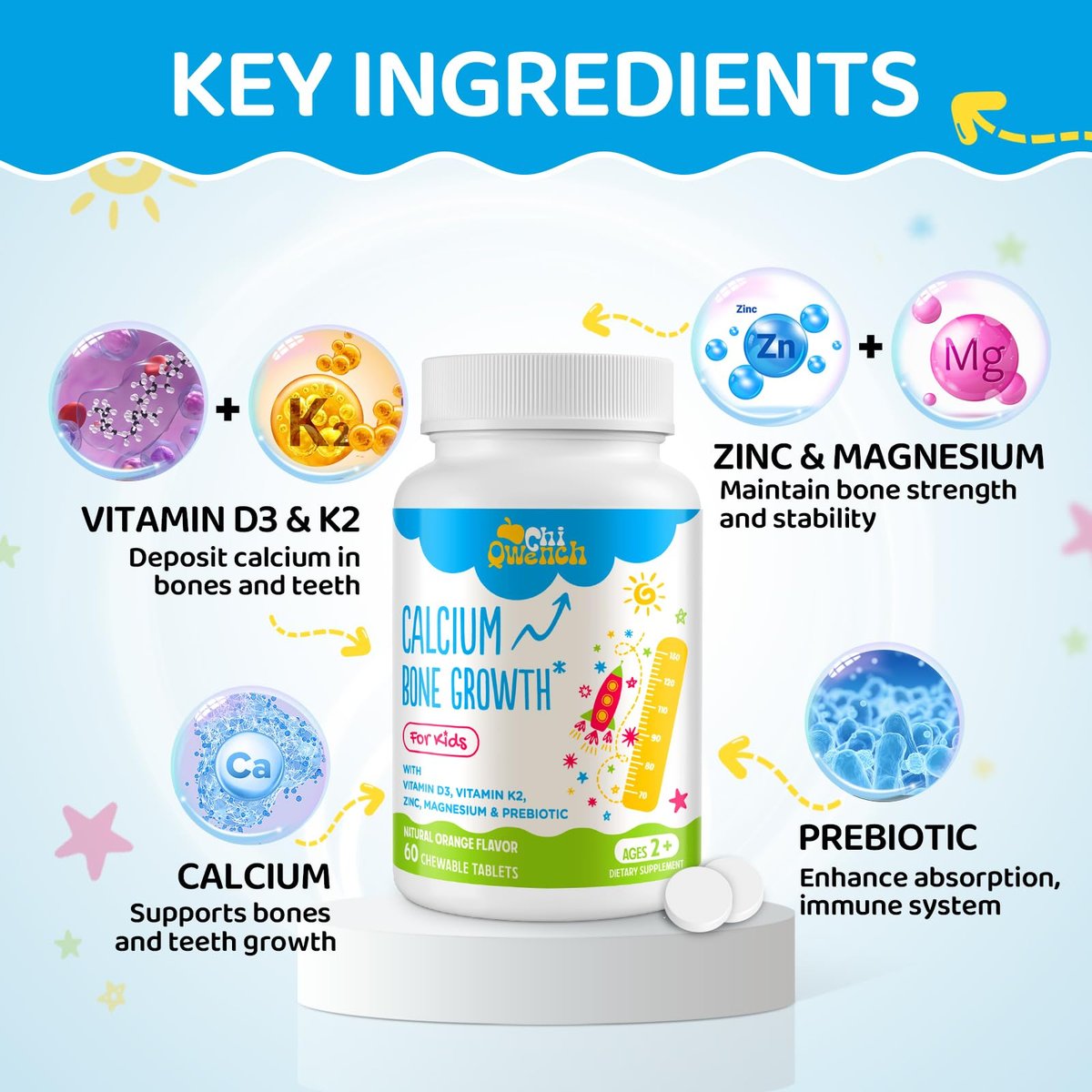 ChiQwench 500 mg Calcium Supplement mit Vitamin D3 & K2, Zink, Magnesium & Präbiotika – Orangen-Kautabletten für Kinder, Knochenstärke, hochabsorbierend, Non-GMO, glutenfrei, 60 Tabletten