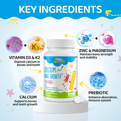 ChiQwench 500 mg Calcium Supplement mit Vitamin D3 & K2, Zink, Magnesium & Präbiotika – Orangen-Kautabletten für Kinder, Knochenstärke, hochabsorbierend, Non-GMO, glutenfrei, 60 Tabletten