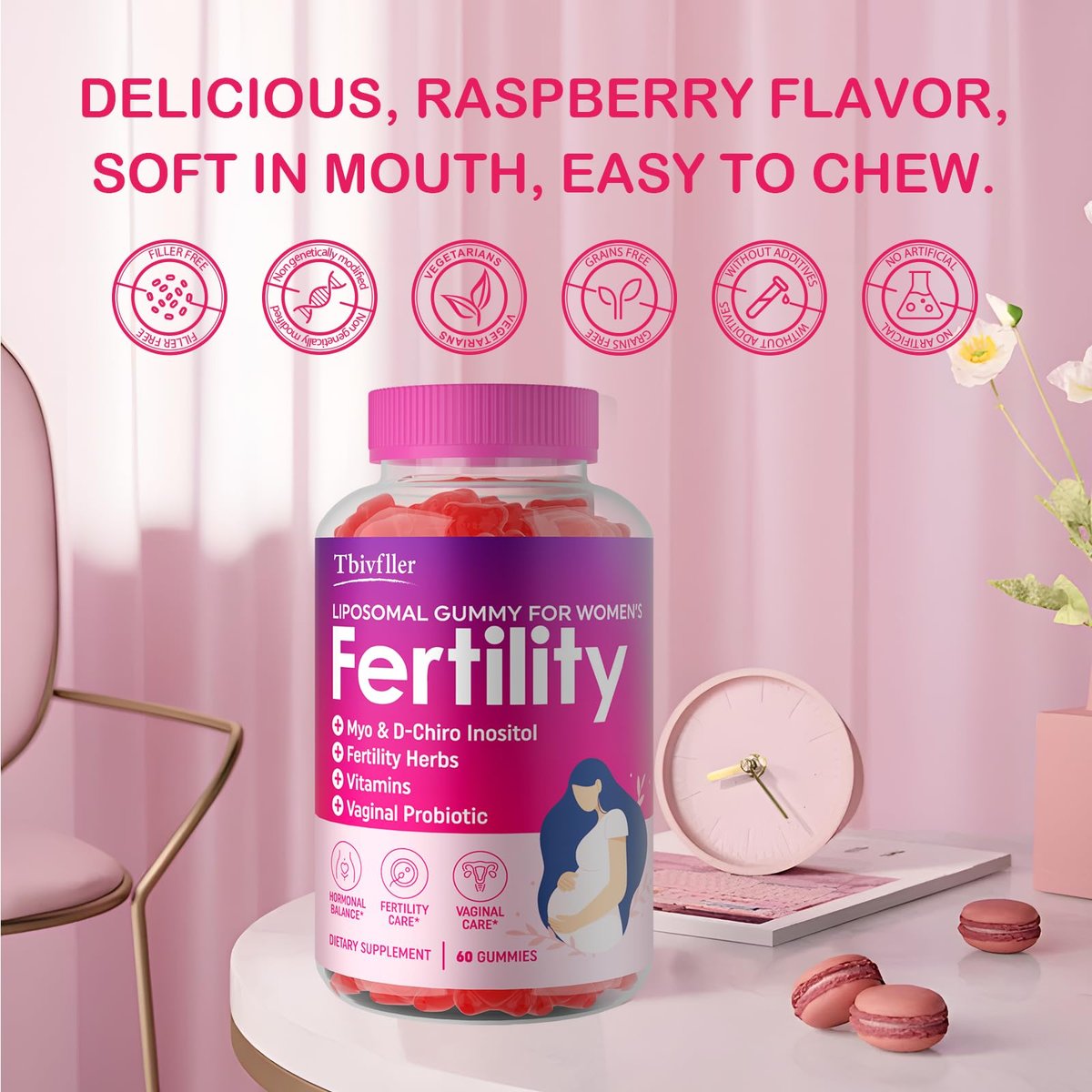 Fruchtbarkeitsergänzung für Frauen, pränatale Vitamine mit Myo-Inositol & D-Chiro-Inositol, Folsäure, Kräutern, für hormonelles Gleichgewicht, Fruchtbarkeit & Vaginalpflege, 60 pränatale Gummibärchen (Himbeere)