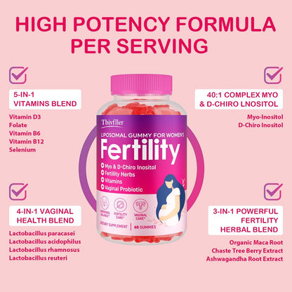 Fruchtbarkeitsergänzung für Frauen, pränatale Vitamine mit Myo-Inositol & D-Chiro-Inositol, Folsäure, Kräutern, für hormonelles Gleichgewicht, Fruchtbarkeit & Vaginalpflege, 60 pränatale Gummibärchen (Himbeere)