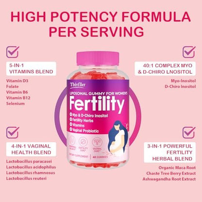 Fruchtbarkeitsergänzung für Frauen, pränatale Vitamine mit Myo-Inositol & D-Chiro-Inositol, Folsäure, Kräutern, für hormonelles Gleichgewicht, Fruchtbarkeit & Vaginalpflege, 60 pränatale Gummibärchen (Himbeere)