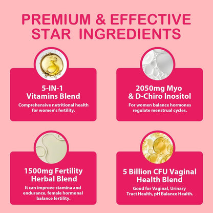 Fruchtbarkeitsergänzung für Frauen, pränatale Vitamine mit Myo-Inositol & D-Chiro-Inositol, Folsäure, Kräutern, für hormonelles Gleichgewicht, Fruchtbarkeit & Vaginalpflege, 60 pränatale Gummibärchen (Himbeere)