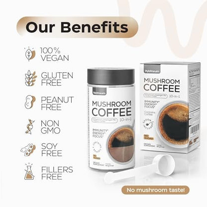 Wellneum Mushroom Coffee - French Roast Style Instant Kaffee mit Löwenmähne 900mg für Fokus + Reishi, Chaga & Turkey Tail - 10-in-1 Pilze Fruchtkörper Adaptogen Mischung, Zuckerfrei, 35 Portionen