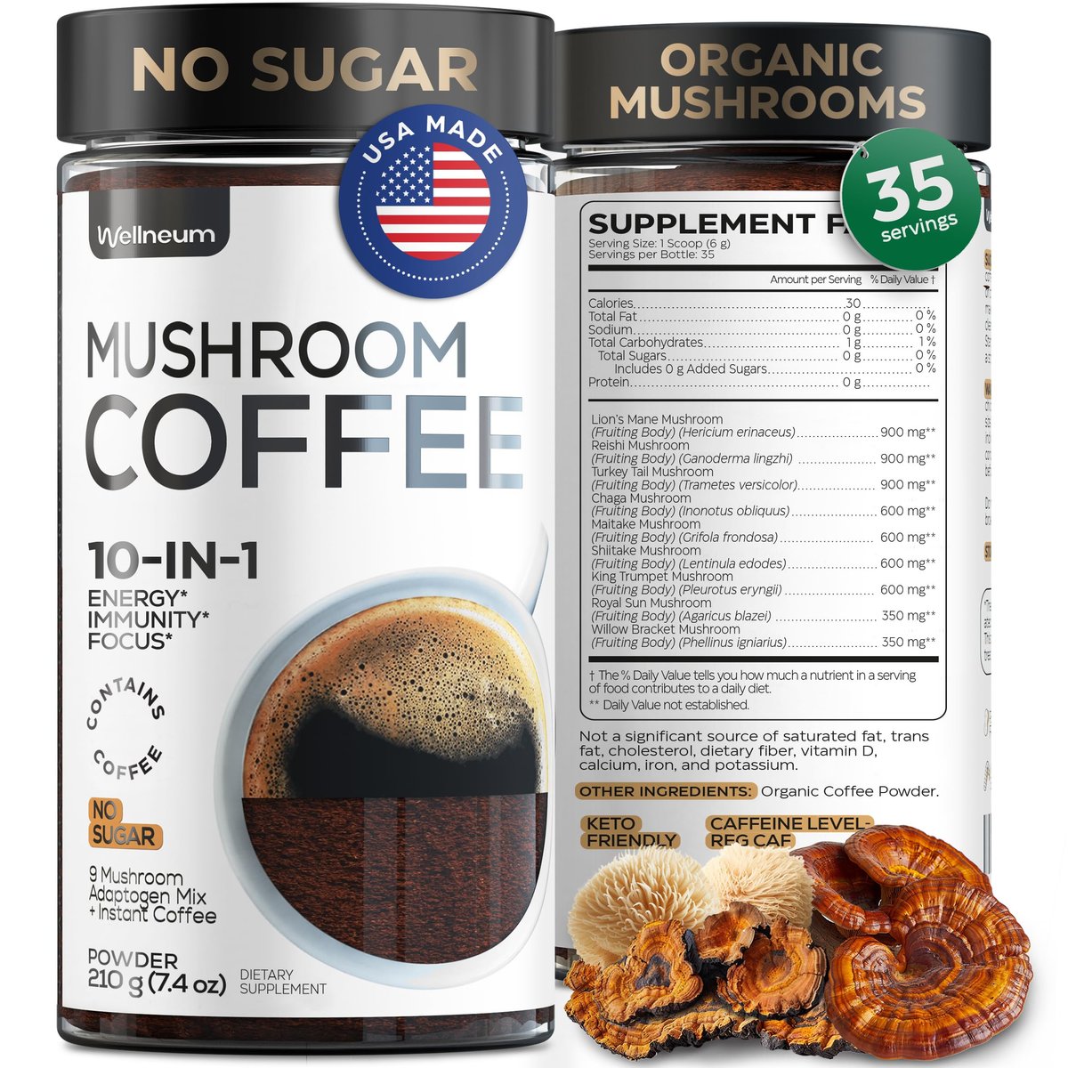 Wellneum Mushroom Coffee - French Roast Style Instant Kaffee mit Löwenmähne 900mg für Fokus + Reishi, Chaga & Turkey Tail - 10-in-1 Pilze Fruchtkörper Adaptogen Mischung, Zuckerfrei, 35 Portionen