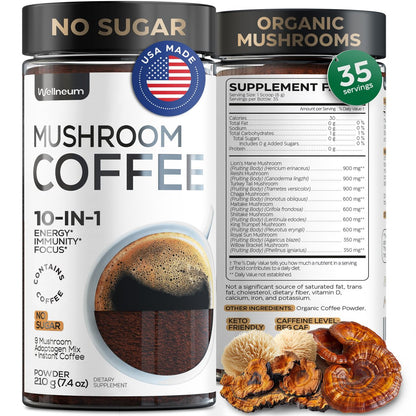 Wellneum Mushroom Coffee - French Roast Style Instant Kaffee mit Löwenmähne 900mg für Fokus + Reishi, Chaga & Turkey Tail - 10-in-1 Pilze Fruchtkörper Adaptogen Mischung, Zuckerfrei, 35 Portionen