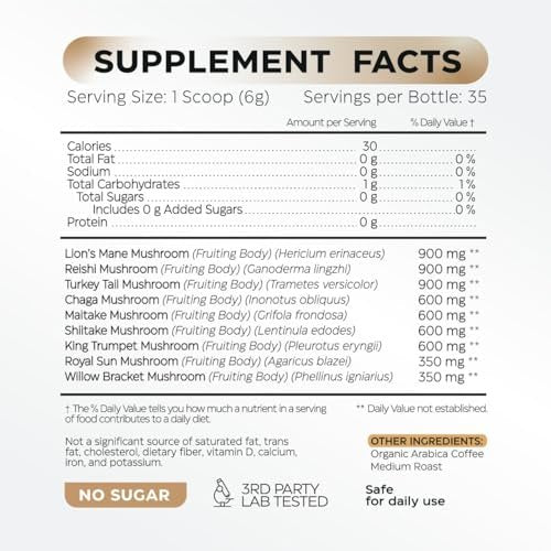 Wellneum Mushroom Coffee - French Roast Style Instant Kaffee mit Löwenmähne 900mg für Fokus + Reishi, Chaga & Turkey Tail - 10-in-1 Pilze Fruchtkörper Adaptogen Mischung, Zuckerfrei, 35 Portionen