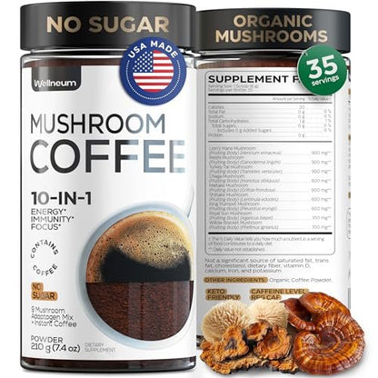 Wellneum Mushroom Coffee - French Roast Style Instant Kaffee mit Löwenmähne 900mg für Fokus + Reishi, Chaga & Turkey Tail - 10-in-1 Pilze Fruchtkörper Adaptogen Mischung, Zuckerfrei, 35 Portionen