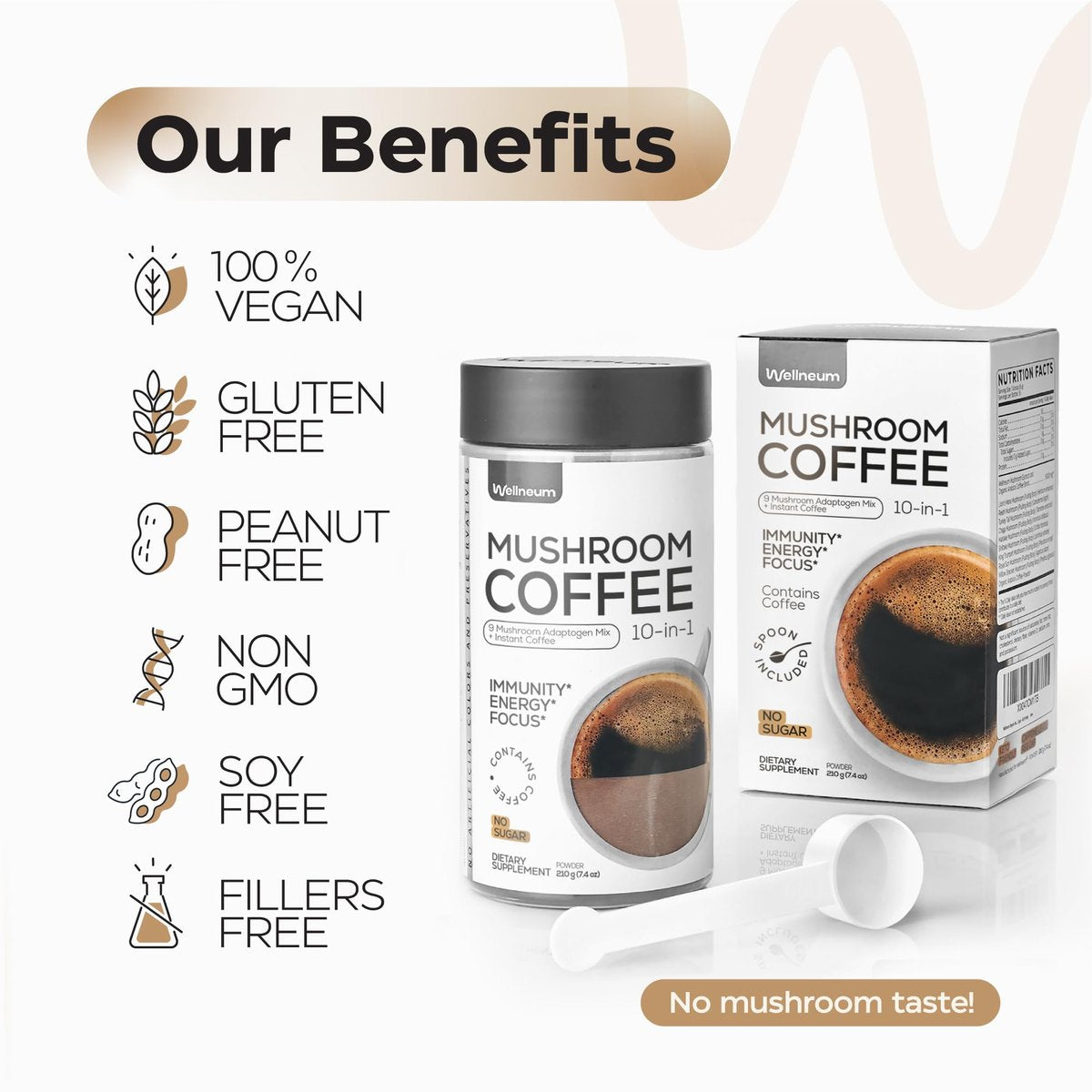 Wellneum Mushroom Coffee - French Roast Style Instant Kaffee mit Löwenmähne 900mg für Fokus + Reishi, Chaga & Turkey Tail - 10-in-1 Pilze Fruchtkörper Adaptogen Mischung, Zuckerfrei, 35 Portionen