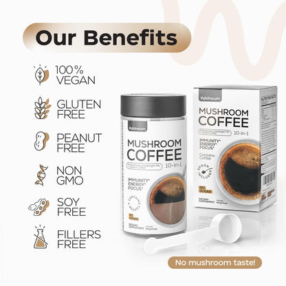 Wellneum Mushroom Coffee - French Roast Style Instant Kaffee mit Löwenmähne 900mg für Fokus + Reishi, Chaga & Turkey Tail - 10-in-1 Pilze Fruchtkörper Adaptogen Mischung, Zuckerfrei, 35 Portionen