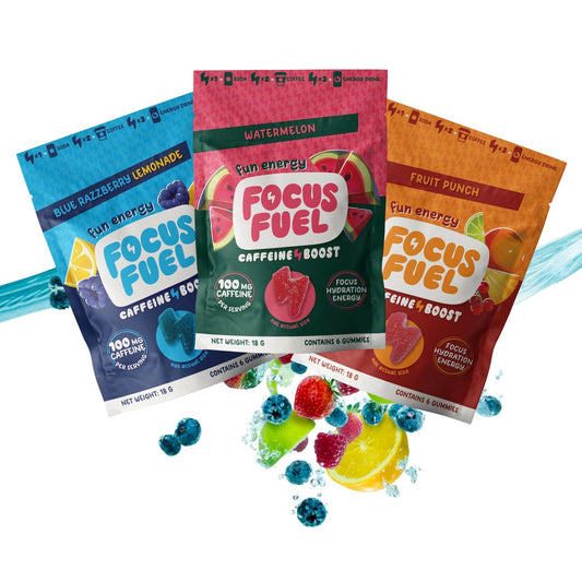 FocusFuel Energy Chews – Probepackung mit 9 Portionen (3 Sorten) – 100 mg Koffein + Alpha GPC + L-Theanin + B12, Magnesium – Kein Absturz oder Nervosität
