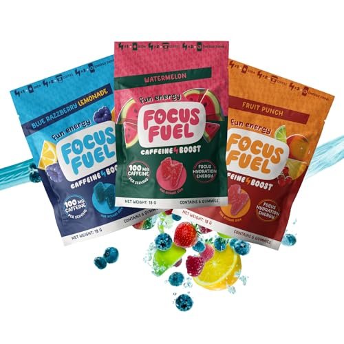 FocusFuel Energy Chews – Probepackung mit 9 Portionen (3 Sorten) – 100 mg Koffein + Alpha GPC + L-Theanin + B12, Magnesium – Kein Absturz oder Nervosität