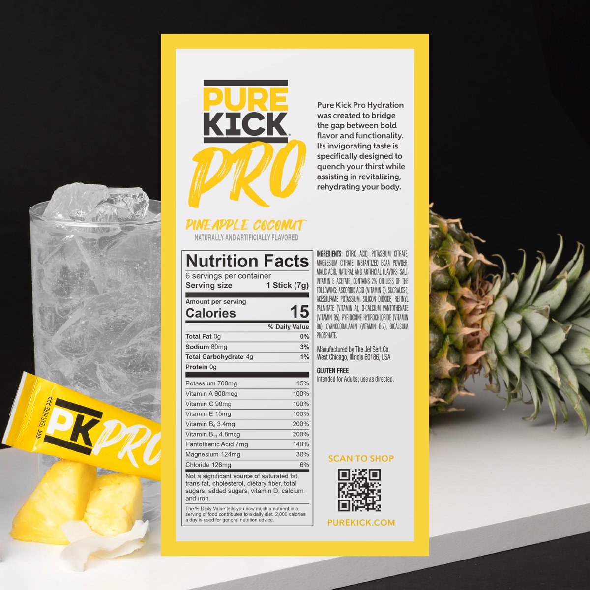 PURE KICK PRO Hydration Elektrolyt-Getränkepulver, Ananas-Kokosnuss, 6 Beutel pro Packung