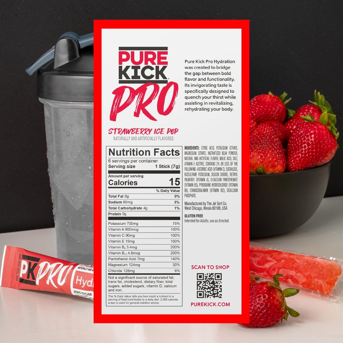 PURE KICK PRO Hydration Elektrolyt-Getränkepulver, Erdbeer-Eis am Stiel, 1 Box mit 6 Portionsbeuteln