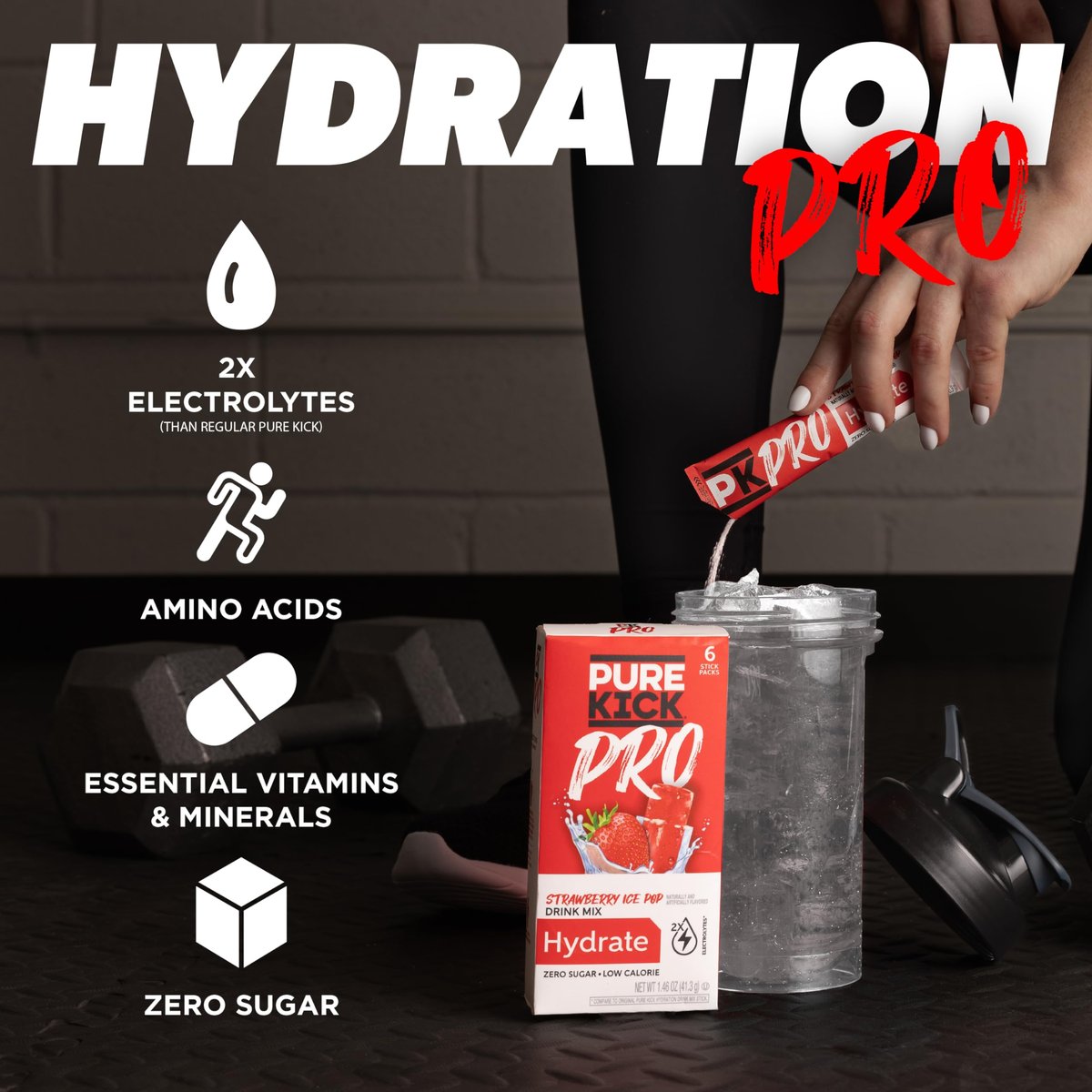 PURE KICK PRO Hydration Elektrolyt-Getränkepulver, Erdbeer-Eis am Stiel, 1 Box mit 6 Portionsbeuteln