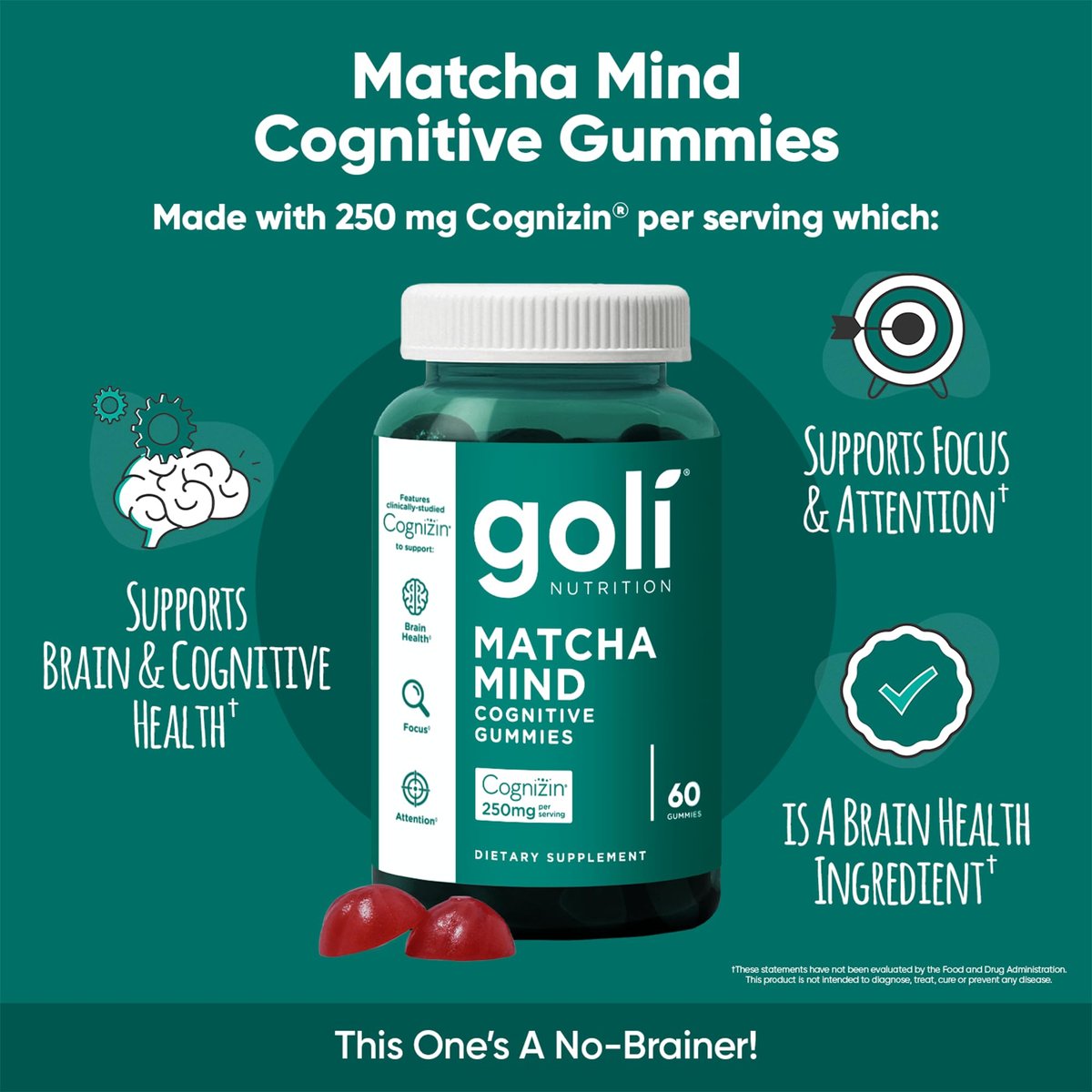 Goli Matcha Mind Cognitive Gummies mit Cognizin Citicolin - 250 mg Citicolin plus Matcha-Pulver - Gehirn Gesundheit und Fokus Unterstützung - Vegan, Nicht-GVO, Glutenfrei