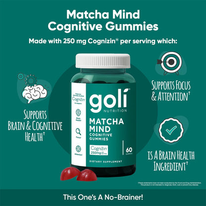 Goli Matcha Mind Cognitive Gummies mit Cognizin Citicolin - 250 mg Citicolin plus Matcha-Pulver - Gehirn Gesundheit und Fokus Unterstützung - Vegan, Nicht-GVO, Glutenfrei