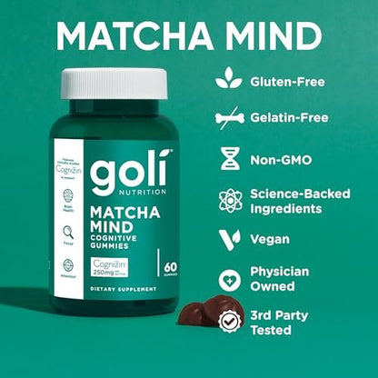 Goli Matcha Mind Cognitive Gummies mit Cognizin Citicolin - 250 mg Citicolin plus Matcha-Pulver - Gehirn Gesundheit und Fokus Unterstützung - Vegan, Nicht-GVO, Glutenfrei