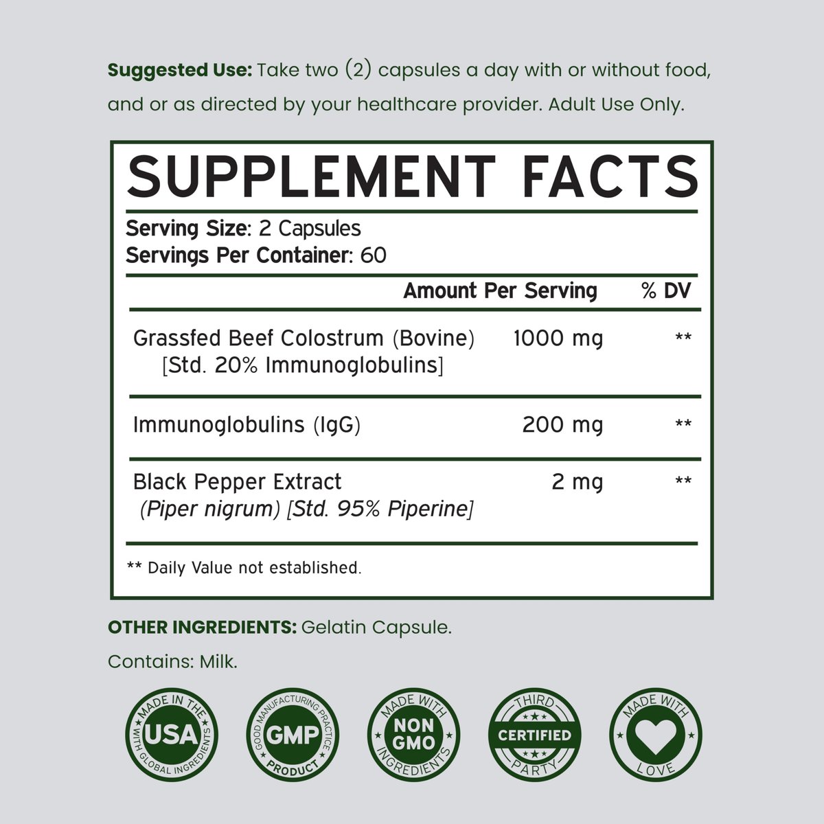 Colostrum Supplement 120 Kapseln – 1000 mg pro Portion, Rinderkolostrum aus der Erstmilch, standardisiert auf 20 % IgG-Immunglobuline, grasgefüttert, ohne Füllstoffe, drittgeprüft, USA-Herstellung
