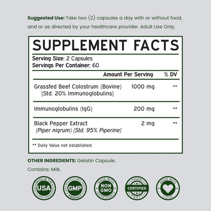 Colostrum Supplement 120 Kapseln – 1000 mg pro Portion, Rinderkolostrum aus der Erstmilch, standardisiert auf 20 % IgG-Immunglobuline, grasgefüttert, ohne Füllstoffe, drittgeprüft, USA-Herstellung
