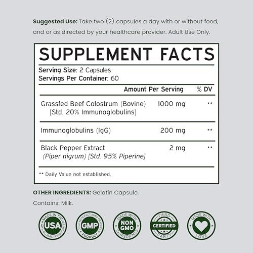Colostrum Supplement 120 Kapseln – 1000 mg pro Portion, Rinderkolostrum aus der Erstmilch, standardisiert auf 20 % IgG-Immunglobuline, grasgefüttert, ohne Füllstoffe, drittgeprüft, USA-Herstellung