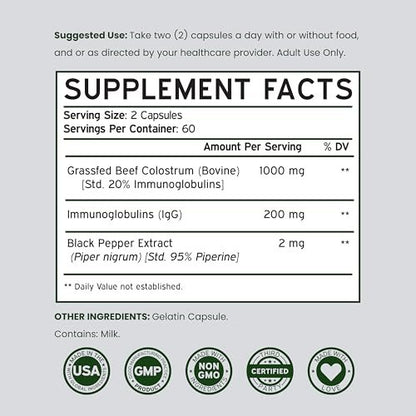 Colostrum Supplement 120 Kapseln – 1000 mg pro Portion, Rinderkolostrum aus der Erstmilch, standardisiert auf 20 % IgG-Immunglobuline, grasgefüttert, ohne Füllstoffe, drittgeprüft, USA-Herstellung