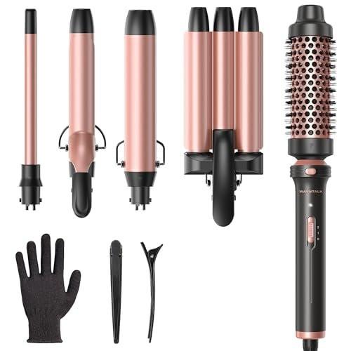 Wavytalk 5-in-1 Lockenwickler-Set, Dual Voltage Lockenstab mit 5 austauschbaren Aufsätzen inklusive einer Thermobürste, einem Haar-Crimper und 3 Keramik-Lockenwicklern (0,5"-1,25"), Rosarot
