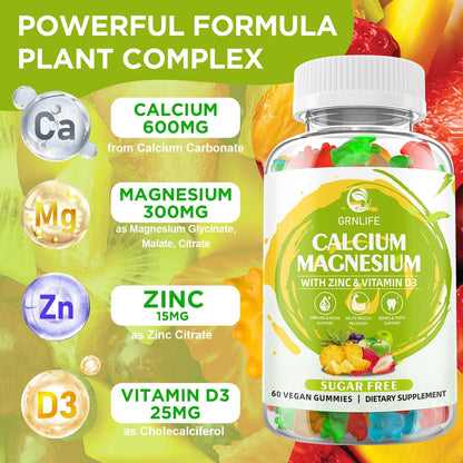Calcium Magnesium Zink Gummies mit Vitamin D3, Zuckerfrei - Hochdosiert für Knochen, Muskeln & Immunsystem, gemischte Früchte, 60 Stück