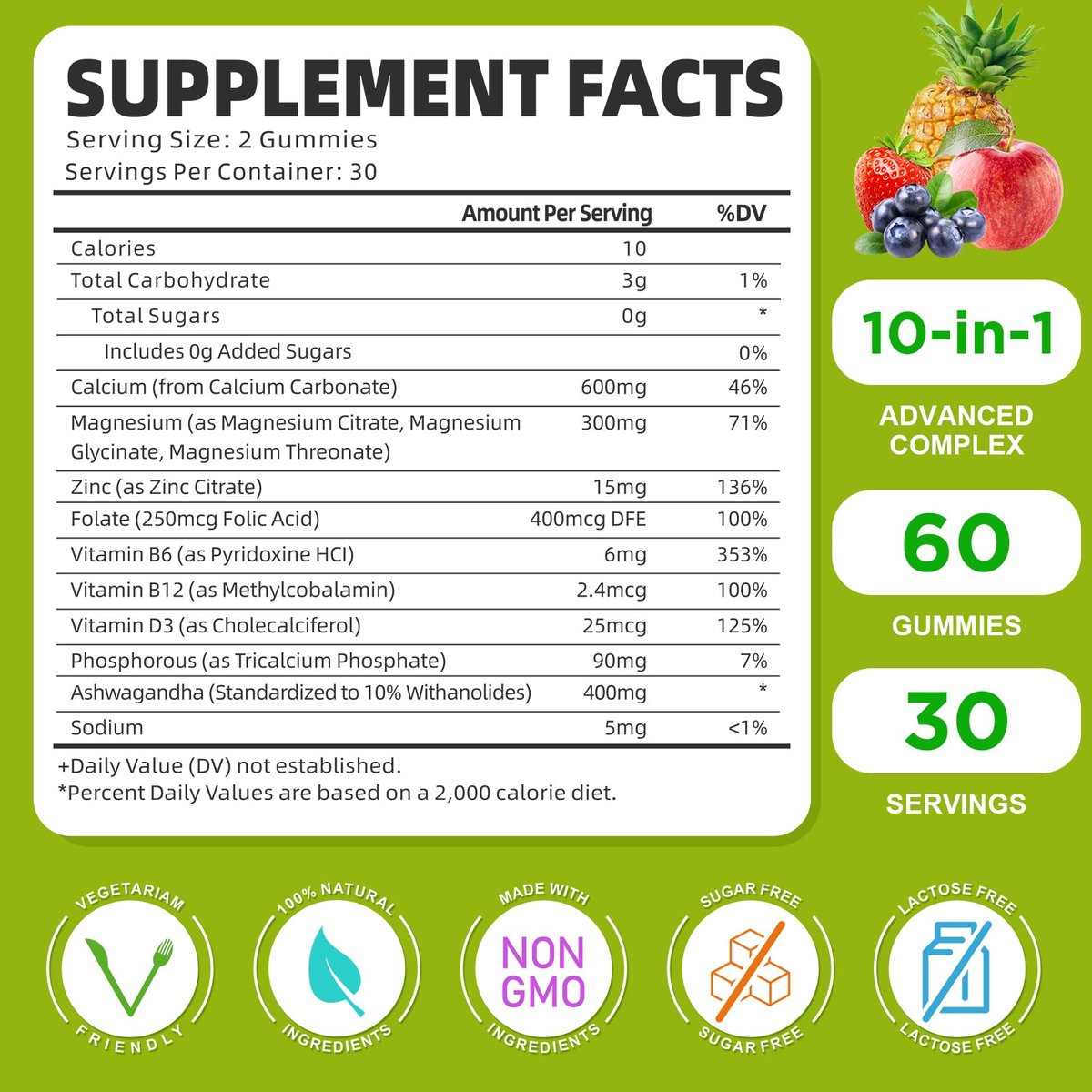 Calcium Magnesium Zink Gummies mit Vitamin D3, Zuckerfrei - Hochdosiert für Knochen, Muskeln & Immunsystem, gemischte Früchte, 60 Stück