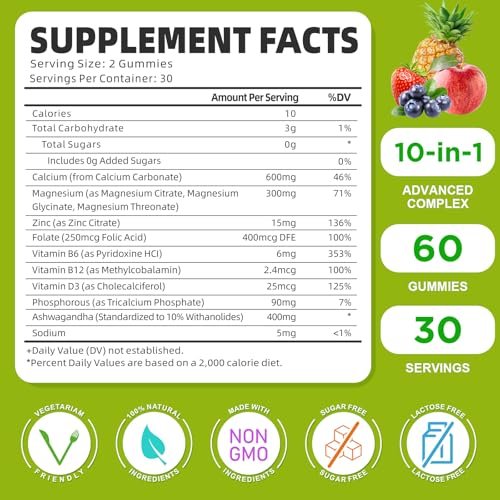 Calcium Magnesium Zink Gummies mit Vitamin D3, Zuckerfrei - Hochdosiert für Knochen, Muskeln & Immunsystem, gemischte Früchte, 60 Stück