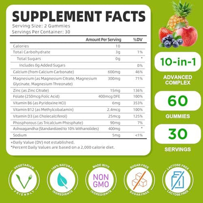 Calcium Magnesium Zink Gummies mit Vitamin D3, Zuckerfrei - Hochdosiert für Knochen, Muskeln & Immunsystem, gemischte Früchte, 60 Stück