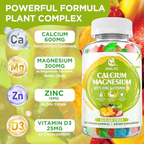 Calcium Magnesium Zink Gummies mit Vitamin D3, Zuckerfrei - Hochdosiert für Knochen, Muskeln & Immunsystem, gemischte Früchte, 60 Stück