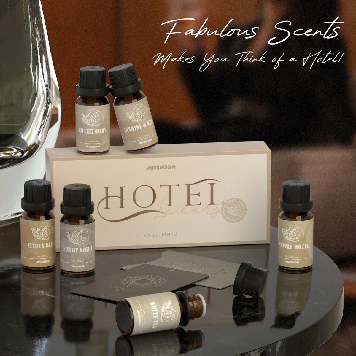 ARVIDSSON Hotel Diffuser Öle Geschenkset – Luxuriöse Duftöle für Aromadiffuser – Jasmin & Minze, Weißer Tee, Citrus Bliss, M-Way, Fancy Lobby – Geschenk für Damen und Herren