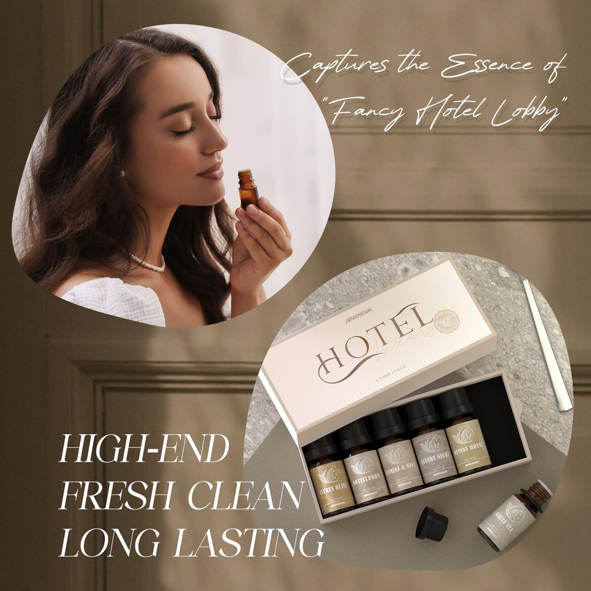 ARVIDSSON Hotel Diffuser Öle Geschenkset – Luxuriöse Duftöle für Aromadiffuser – Jasmin & Minze, Weißer Tee, Citrus Bliss, M-Way, Fancy Lobby – Geschenk für Damen und Herren