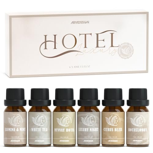 ARVIDSSON Hotel Diffuser Öle Geschenkset – Luxuriöse Duftöle für Aromadiffuser – Jasmin & Minze, Weißer Tee, Citrus Bliss, M-Way, Fancy Lobby – Geschenk für Damen und Herren