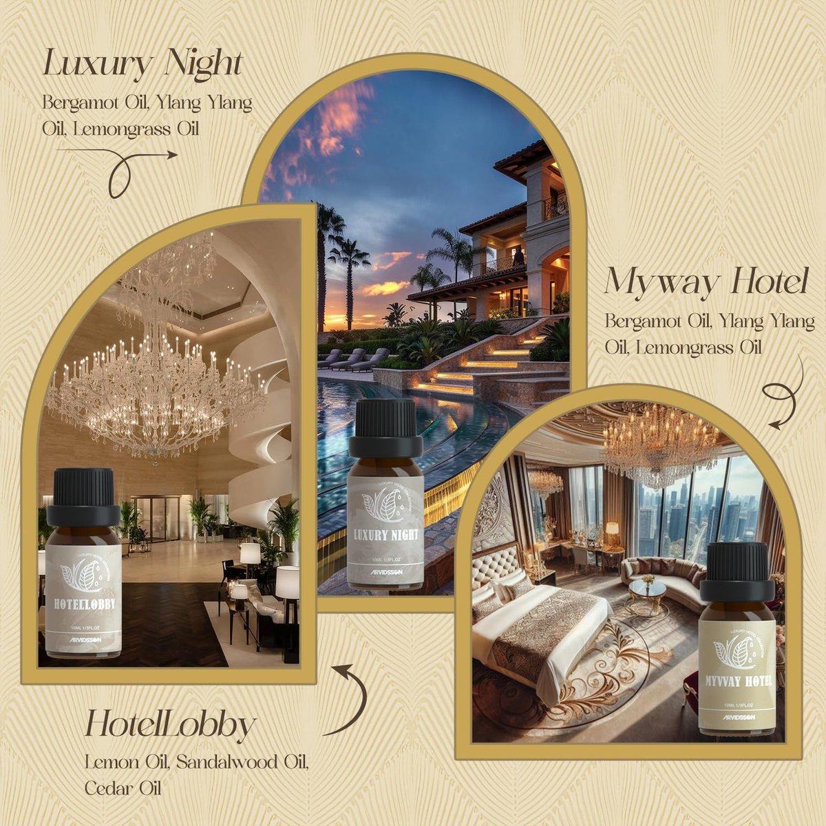 ARVIDSSON Hotel Diffuser Öle Geschenkset – Luxuriöse Duftöle für Aromadiffuser – Jasmin & Minze, Weißer Tee, Citrus Bliss, M-Way, Fancy Lobby – Geschenk für Damen und Herren