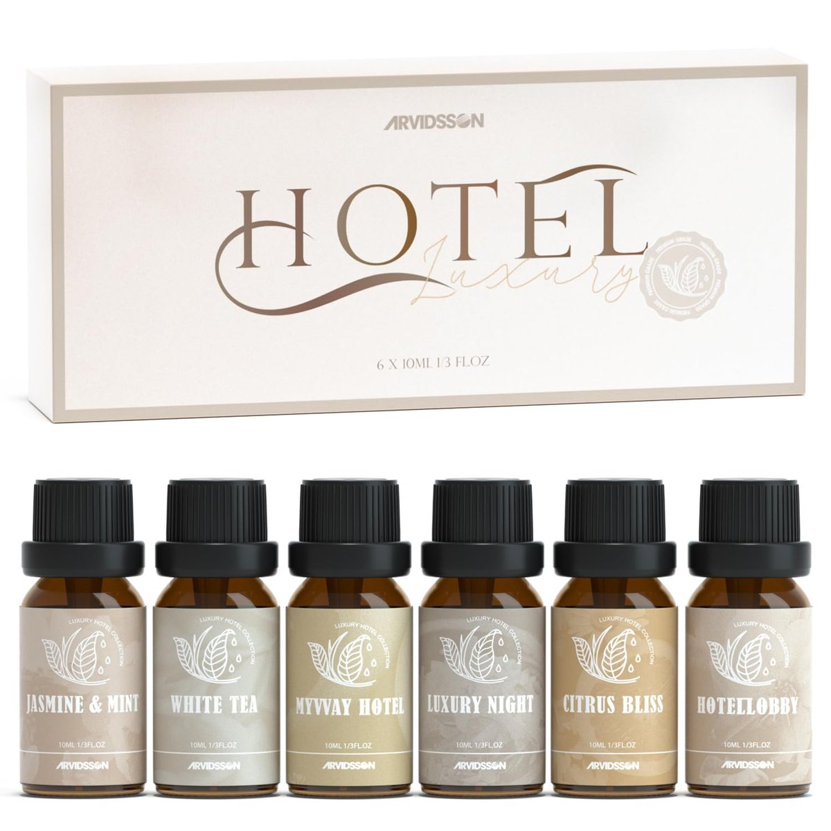ARVIDSSON Hotel Diffuser Öle Geschenkset – Luxuriöse Duftöle für Aromadiffuser – Jasmin & Minze, Weißer Tee, Citrus Bliss, M-Way, Fancy Lobby – Geschenk für Damen und Herren