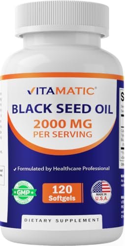 Vitamatic Schwarzkümmelöl 2000 mg pro Portion, kaltgepresstes Nigella Sativa (Schwarzkümmel) Öl, hochdosierte Weichkapseln für tägliches Wohlbefinden, 120 Stück