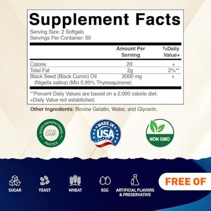 Vitamatic Schwarzkümmelöl 2000 mg pro Portion, kaltgepresstes Nigella Sativa (Schwarzkümmel) Öl, hochdosierte Weichkapseln für tägliches Wohlbefinden, 120 Stück