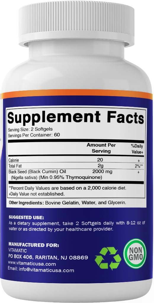Vitamatic Schwarzkümmelöl 2000 mg pro Portion, kaltgepresstes Nigella Sativa (Schwarzkümmel) Öl, hochdosierte Weichkapseln für tägliches Wohlbefinden, 120 Stück