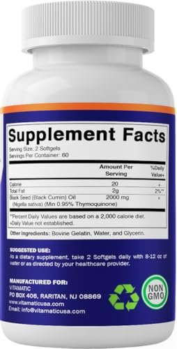Vitamatic Schwarzkümmelöl 2000 mg pro Portion, kaltgepresstes Nigella Sativa (Schwarzkümmel) Öl, hochdosierte Weichkapseln für tägliches Wohlbefinden, 120 Stück