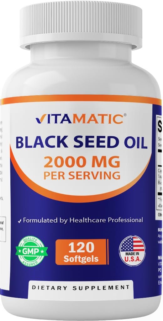 Vitamatic Schwarzkümmelöl 2000 mg pro Portion, kaltgepresstes Nigella Sativa (Schwarzkümmel) Öl, hochdosierte Weichkapseln für tägliches Wohlbefinden, 120 Stück