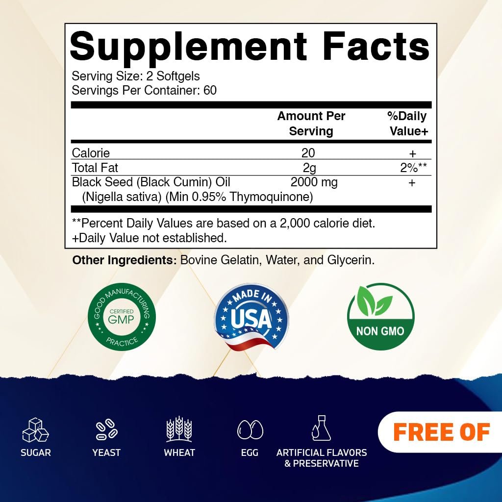 Vitamatic Schwarzkümmelöl 2000 mg pro Portion, kaltgepresstes Nigella Sativa (Schwarzkümmel) Öl, hochdosierte Weichkapseln für tägliches Wohlbefinden, 120 Stück