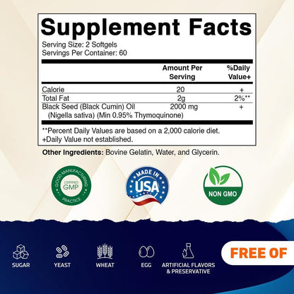 Vitamatic Schwarzkümmelöl 2000 mg pro Portion, kaltgepresstes Nigella Sativa (Schwarzkümmel) Öl, hochdosierte Weichkapseln für tägliches Wohlbefinden, 120 Stück