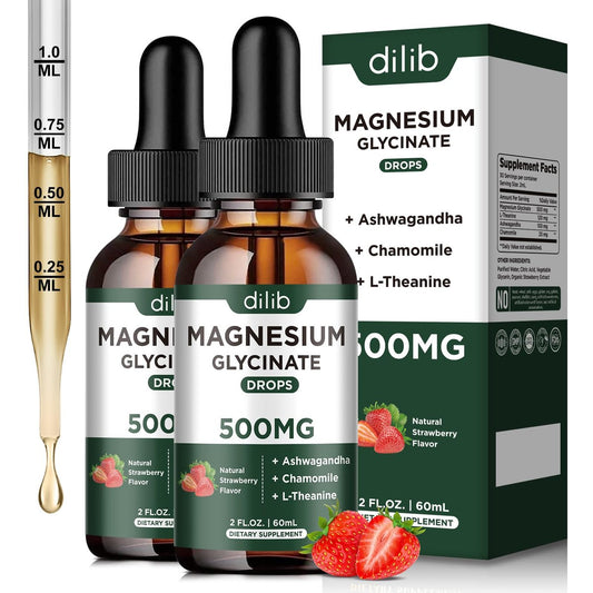 dilib Magnesium Glycinat Flüssig Tropfen 500 mg mit Ashwagandha, L-Theanin, Kamille – Unterstützt Stressabbau, Knochen, Muskeln, Stimmung – Erdbeergeschmack – 2er-Pack (2x 60 ml)