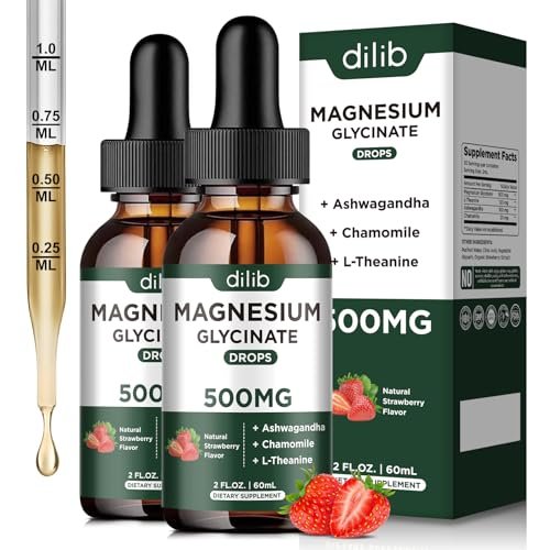 dilib Magnesium Glycinat Flüssig Tropfen 500 mg mit Ashwagandha, L-Theanin, Kamille – Unterstützt Stressabbau, Knochen, Muskeln, Stimmung – Erdbeergeschmack – 2er-Pack (2x 60 ml)