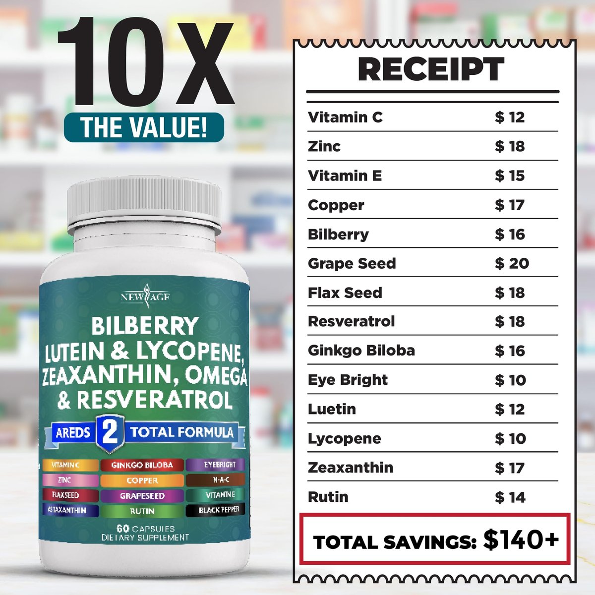 NEW AGE Augengesundheit Vitamine mit Heidelbeere, Lutein & Zeaxanthin, Lycopin, Resveratrol, Traubenkern, Astaxanthin - Augen Vitamin - 60 Kapseln