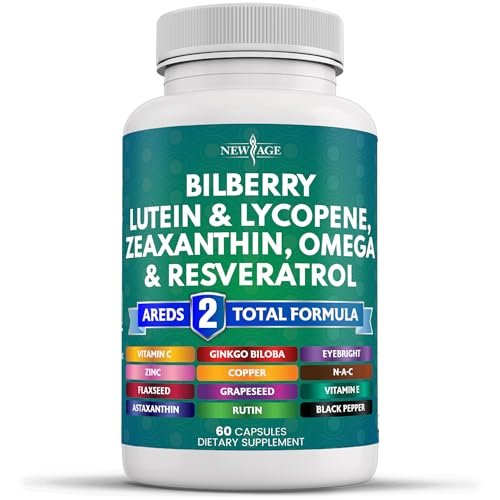NEW AGE Augengesundheit Vitamine mit Heidelbeere, Lutein & Zeaxanthin, Lycopin, Resveratrol, Traubenkern, Astaxanthin - Augen Vitamin - 60 Kapseln
