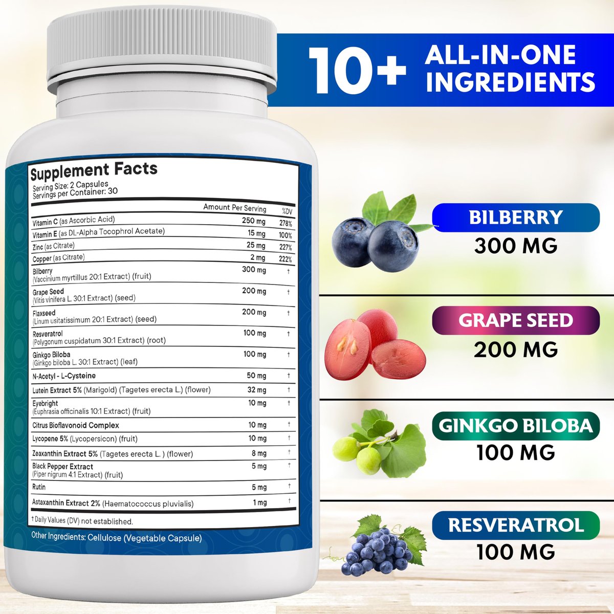 NEW AGE Augengesundheit Vitamine mit Heidelbeere, Lutein & Zeaxanthin, Lycopin, Resveratrol, Traubenkern, Astaxanthin - Augen Vitamin - 60 Kapseln