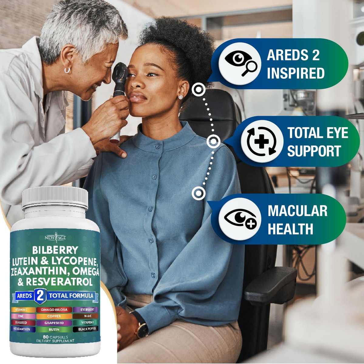 NEW AGE Augengesundheit Vitamine mit Heidelbeere, Lutein & Zeaxanthin, Lycopin, Resveratrol, Traubenkern, Astaxanthin - Augen Vitamin - 60 Kapseln